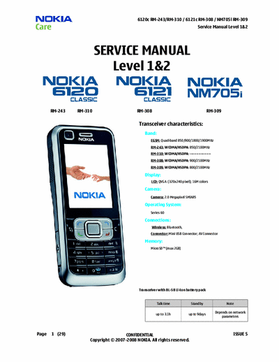 Nokia 6120c 6120c RM-243/RM-310 / 6121c RM-308 / NM705i RM-309 Service Manual Level 1&2